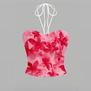 SHEIN Pink Halter Floral Crop Top